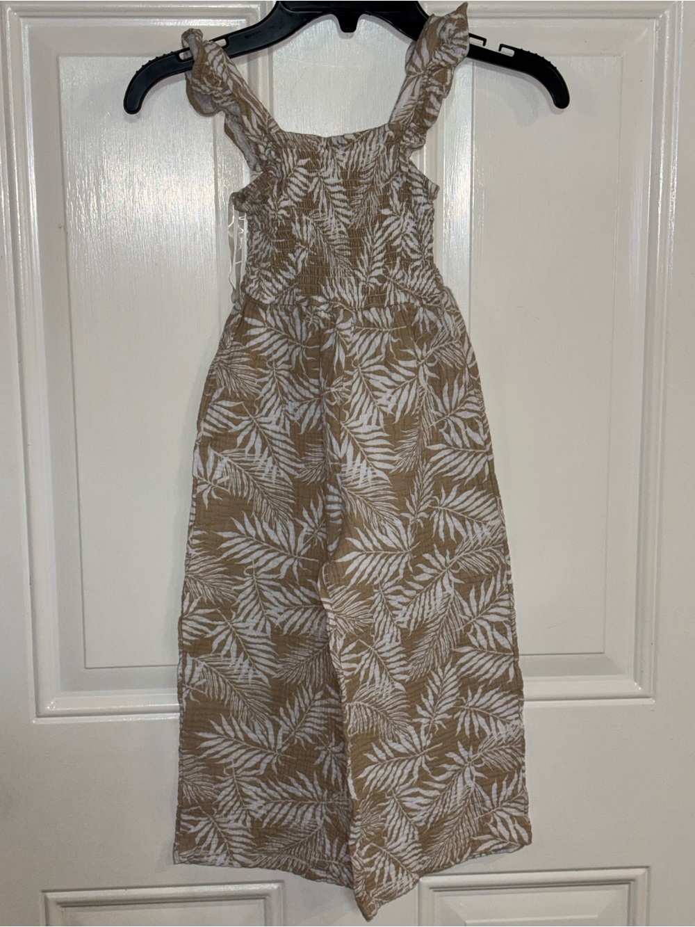 btween Tan and White Leaf Print Girls' Jumpsuit with Ruffle Straps